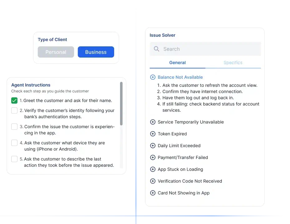 WireVisor panels for client type, agent instructions, and the issue solver